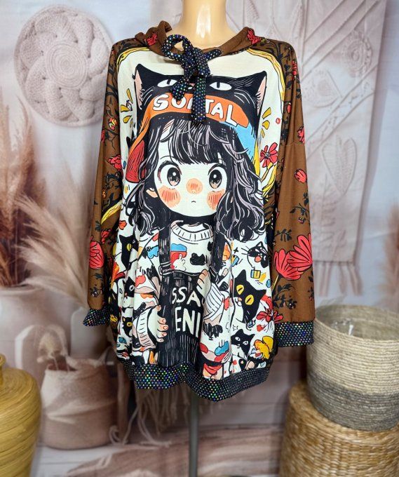 Sweat à capuche long chocolat La Fillette aux Chats paillettes du 40 au 50/52