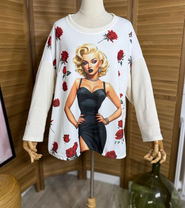 Sweat satiné et velours crème Marylin Monroe Red Hearts du 40 au 50 