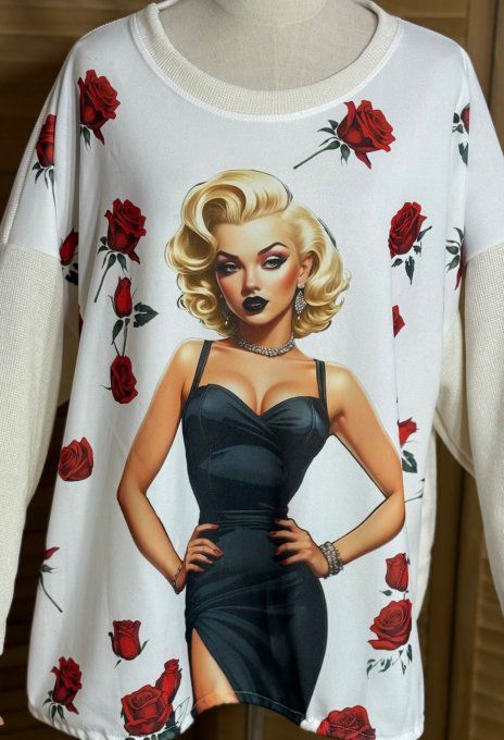 Sweat satiné et velours crème Marylin Monroe Red Hearts du 40 au 50 