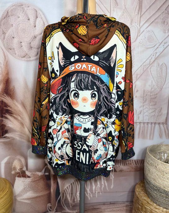 Sweat à capuche long chocolat La Fillette aux Chats paillettes du 40 au 50/52