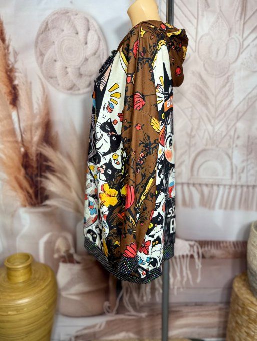 Sweat à capuche long chocolat La Fillette aux Chats paillettes du 40 au 50/52