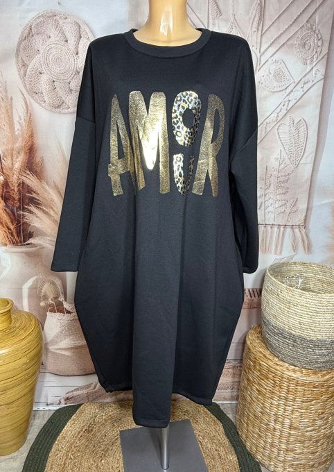 Robe boule ou tunique longue noire Amour doré or du 42 au 52/54