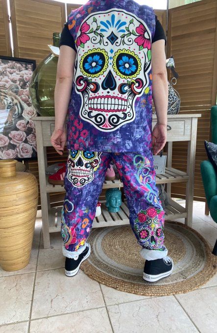 Gilet type barman sans manches violet délavé Mexican Skulls  Calaveras du 40 au 50 et même +