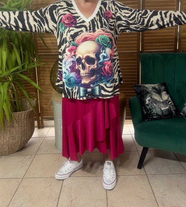 Pull fin trapèze ample zébré Mexican Skulls Calaveras Lurex doré or du 38 au 50