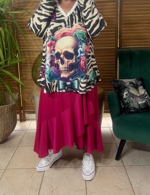 Pull fin trapèze ample zébré Mexican Skulls Calaveras Lurex doré or du 38 au 50
