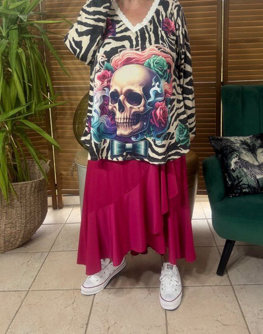 Pull fin trapèze ample zébré Mexican Skulls Calaveras Lurex doré or du 38 au 50