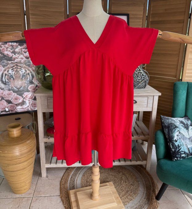 Robe trapèze ample rouge Col V manches courtes du 40 au 50/52