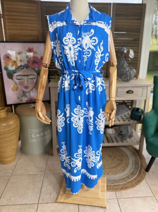 Robe longue bleu royal & blanche Esprit Ethnique Chic du 40 au 50 