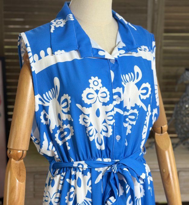Robe longue bleu royal & blanche Esprit Ethnique Chic du 40 au 50 