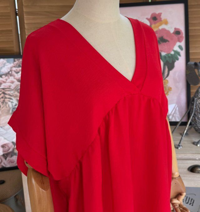 Robe trapèze ample rouge Col V manches courtes du 40 au 50/52