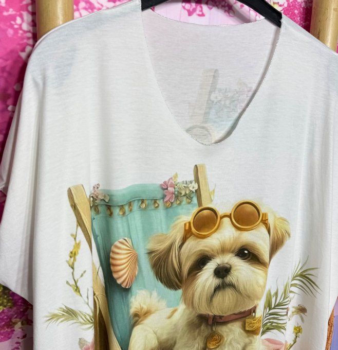 Tee-shirt ample blanc L'Adorable Petit Bichon à lunettes du 42 au 54/56  