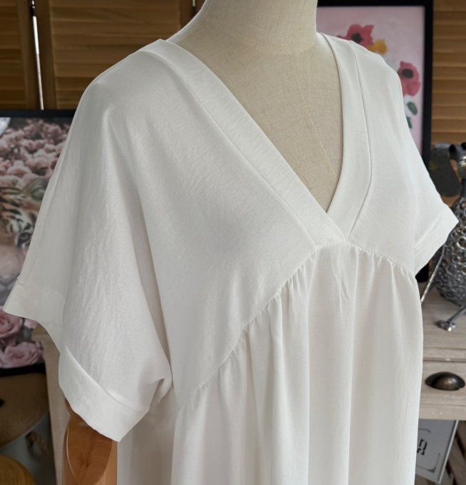 Robe trapèze ample blanche Col V manches courtes du 40 au 50/52