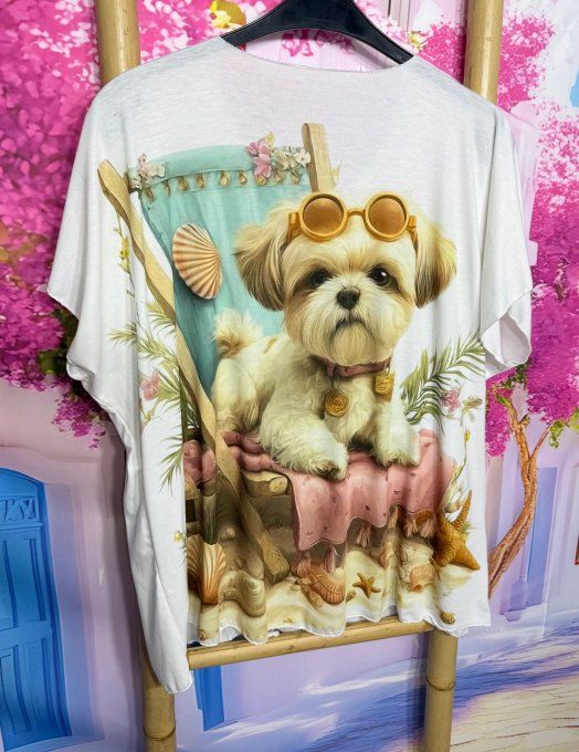 Tee-shirt ample blanc L'Adorable Petit Bichon à lunettes du 42 au 54/56  
