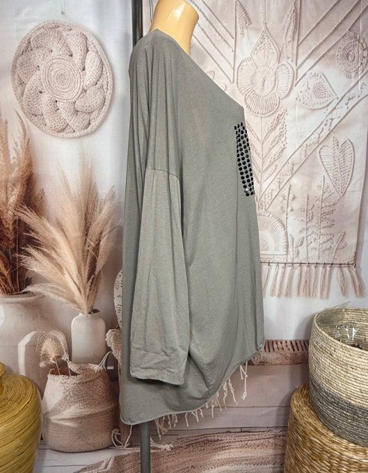 Top tunique oversize Taupe N°5 strass noirs brillants du 42 au 54/56 