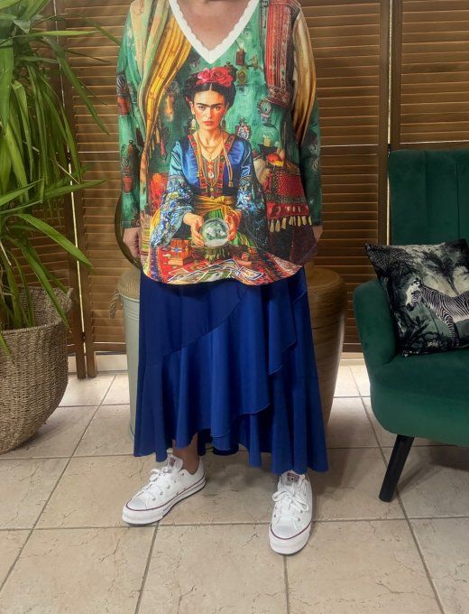Pull fin trapèze ample multicolore Frida Kahlo Bohémienne Voyante Lurex doré or du 38 au 50  