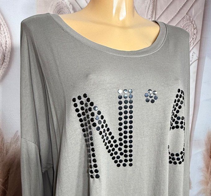 Top tunique oversize Taupe N°5 strass noirs brillants du 42 au 54/56 