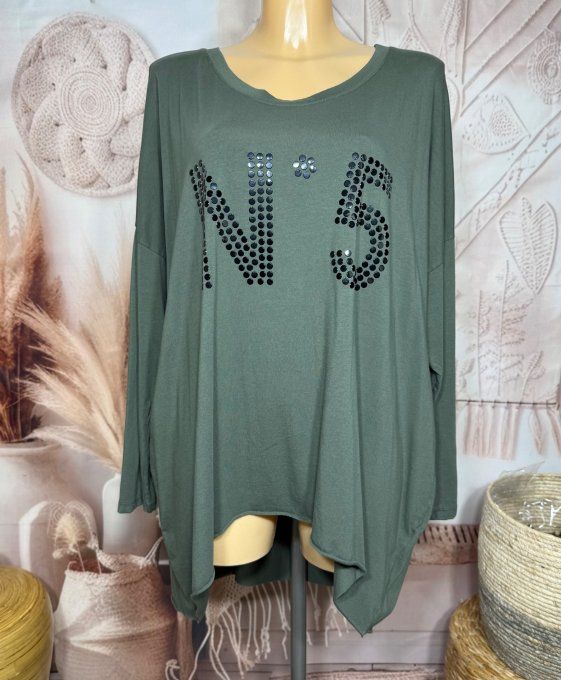 Top tunique oversize Kaki N°5 strass noirs brillants du 42 au 54/56 