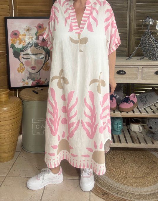 Robe mi-longue oversize blanche Summer Spirit Rose Poudré du 40 au 52  