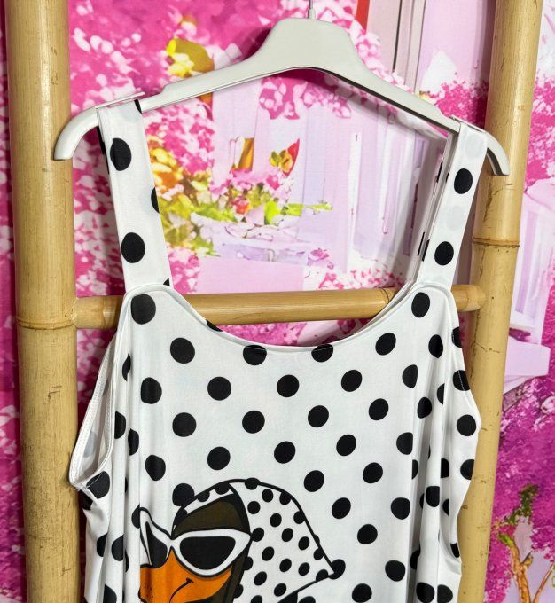 Débardeur trapèze lycra blanc pois noirs larges bretelles Fashion Little Teckel du 38 au 48/50