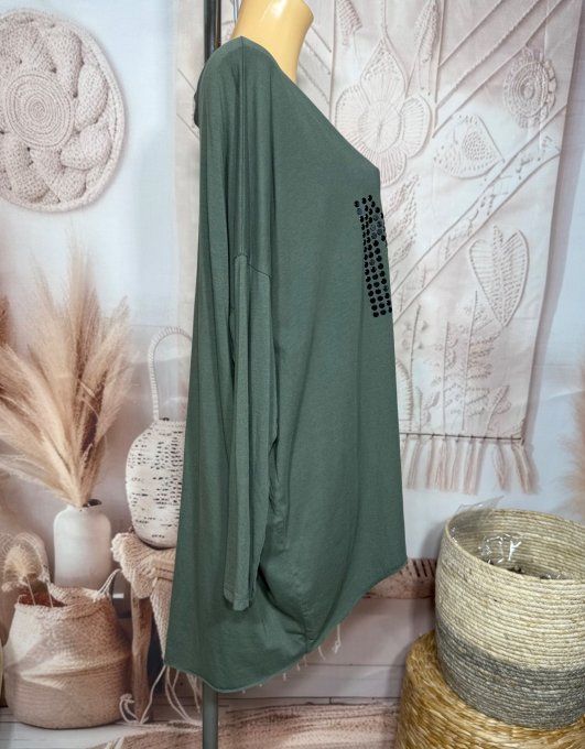 Top tunique oversize Kaki N°5 strass noirs brillants du 42 au 54/56 