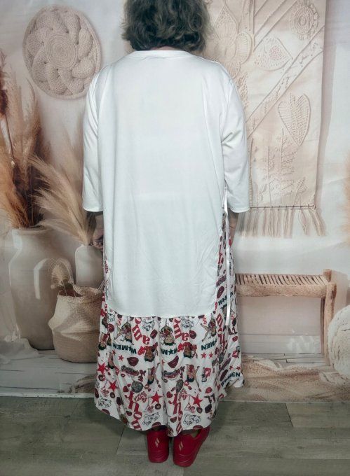 Robe mi-longue blanche bi-matière Betty Boop Pinup Rétro taille ajustable du 38 au 52