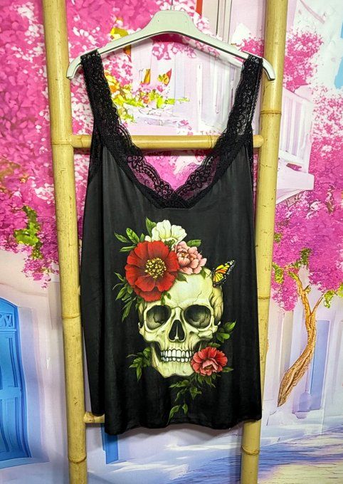 Caraco trapèze Lycra noir Skulls TDM & Red Flowers bretelles dentelle noire confort ++ du 40 au 52