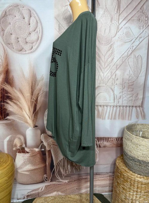 Top tunique oversize Kaki N°5 strass noirs brillants du 42 au 54/56 