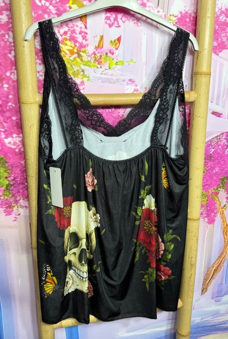 Caraco trapèze Lycra noir Skulls TDM & Red Flowers bretelles dentelle noire confort ++ du 40 au 52