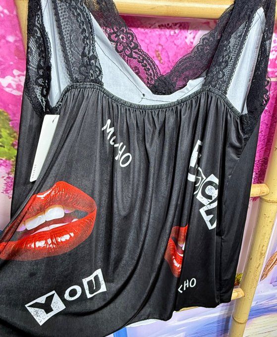 Caraco trapèze Lycra noir Rock You lèvres rouges bretelles dentelle noire confort ++ du 40 au 52 