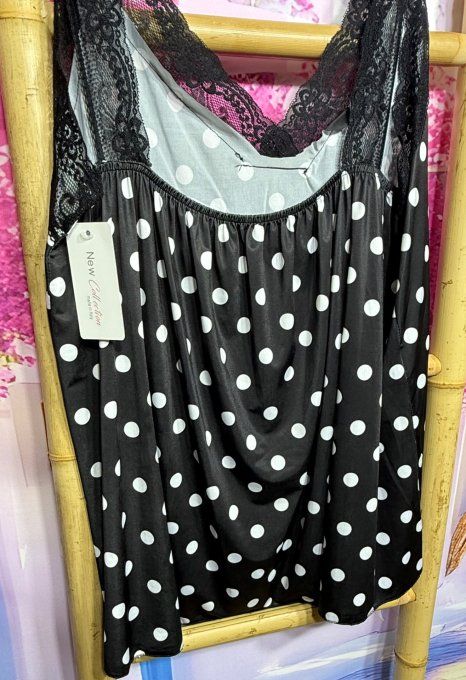Caraco trapèze Lycra noir pois blancs Fashion Woman bretelles dentelle noire confort ++ du 40 au 52