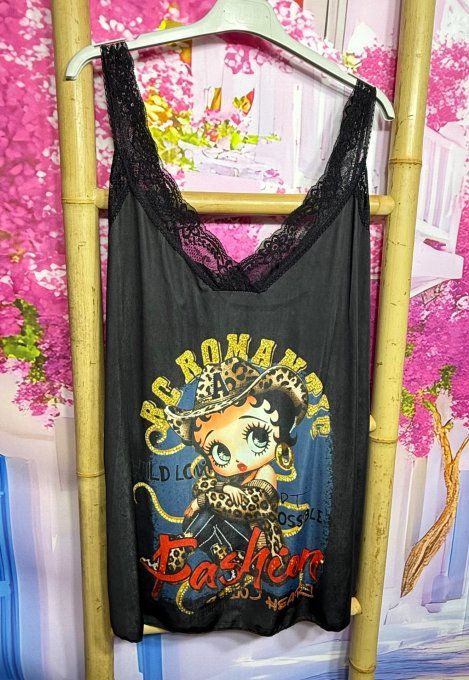Caraco trapèze Lycra noir Betty Boop Country Girl bretelles dentelle noire confort ++ du 40 au 52