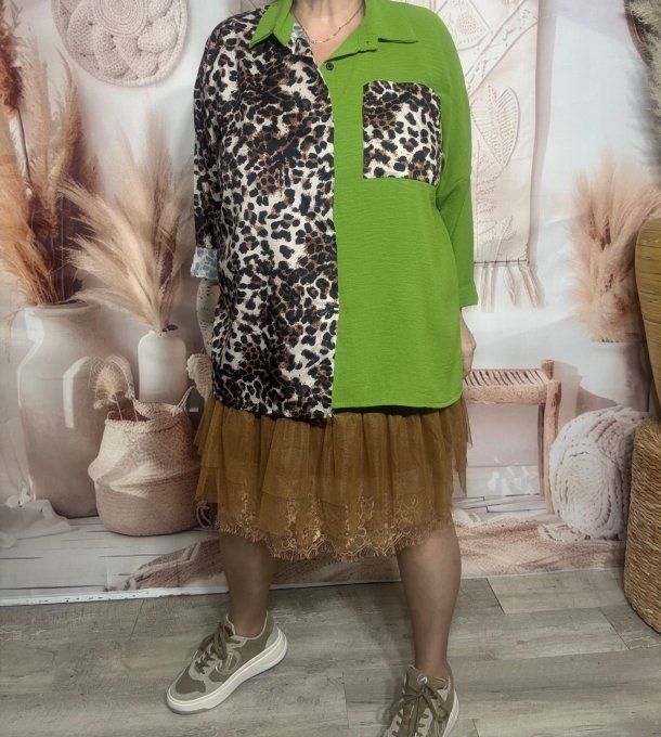 Chemise ample bicolore vert pistache Léopard camel caramel du 40 au 50/52