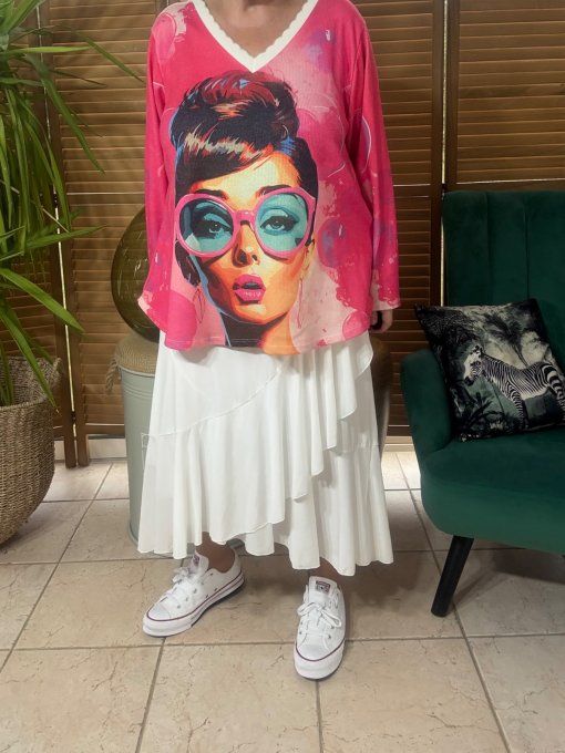 Pull fin trapèze ample rose fuschia Miss Audrey Sunglasses Lurex doré or du 38 au 50 