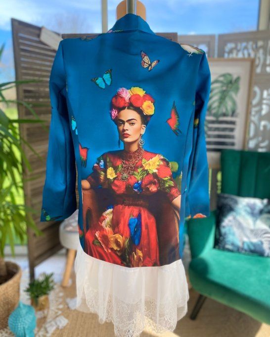 Veste blazer bleu pétrole doublée et imprimée Frida Kahlo dos Papillons du 36 au 44 