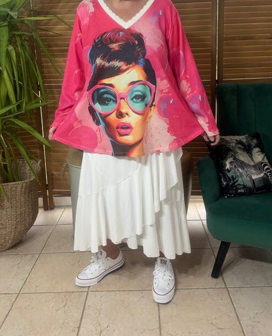 Pull fin trapèze ample rose fuschia Miss Audrey Sunglasses Lurex doré or du 38 au 50 