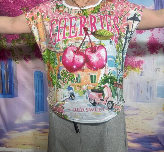 Tee-shirt ample blanc Cherries et Dolce Vita Italia du 38 au 50/52 