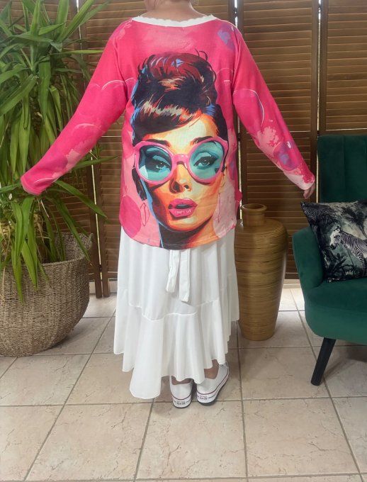 Pull fin trapèze ample rose fuschia Miss Audrey Sunglasses Lurex doré or du 38 au 50 