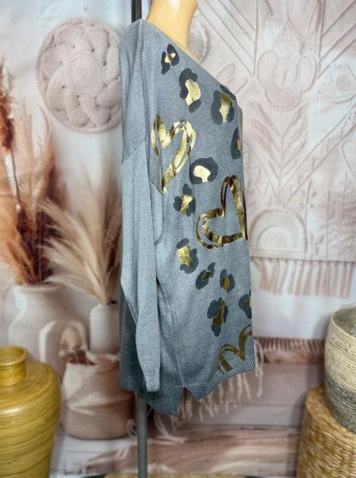 pull sans laine gris souris délavé coeurs dorés or douceur +++ du 40 au 52  