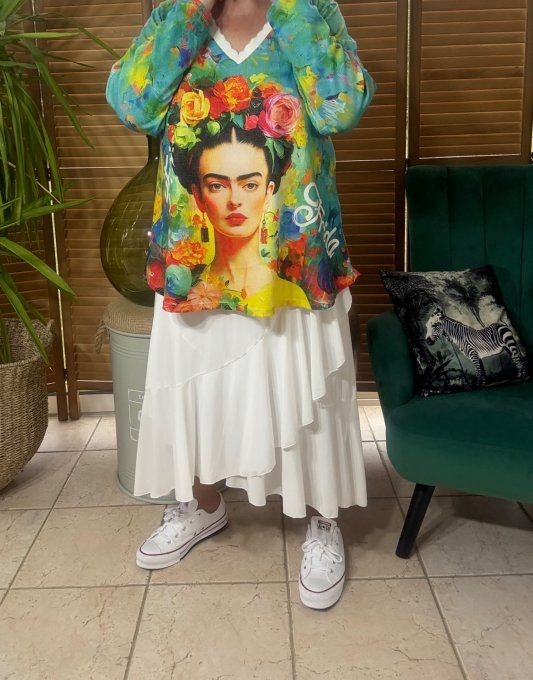 Pull fin trapèze ample multicolore Frida Kahlo aux Fleurs Lurex doré or du 38 au 50