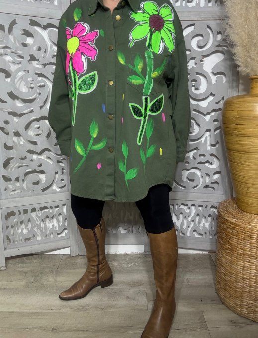 Surchemise en jeans Kaki oversize Fleurs sequins Painting Spirit Fly Out du 42 au 50 et même +