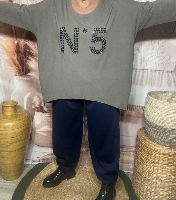 Top tunique oversize Taupe N°5 strass noirs brillants du 42 au 54/56 