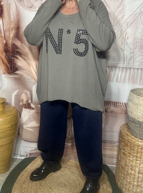 Top tunique oversize Taupe N°5 strass noirs brillants du 42 au 54/56 