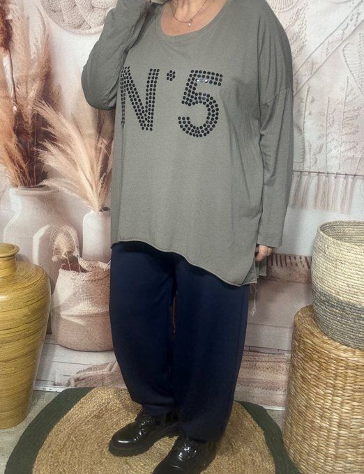 Top tunique oversize Taupe N°5 strass noirs brillants du 42 au 54/56 