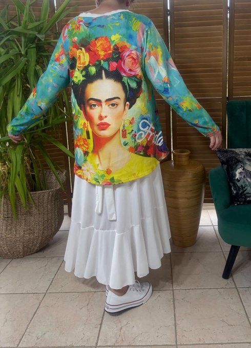 Pull fin trapèze ample multicolore Frida Kahlo aux Fleurs Lurex doré or du 38 au 50