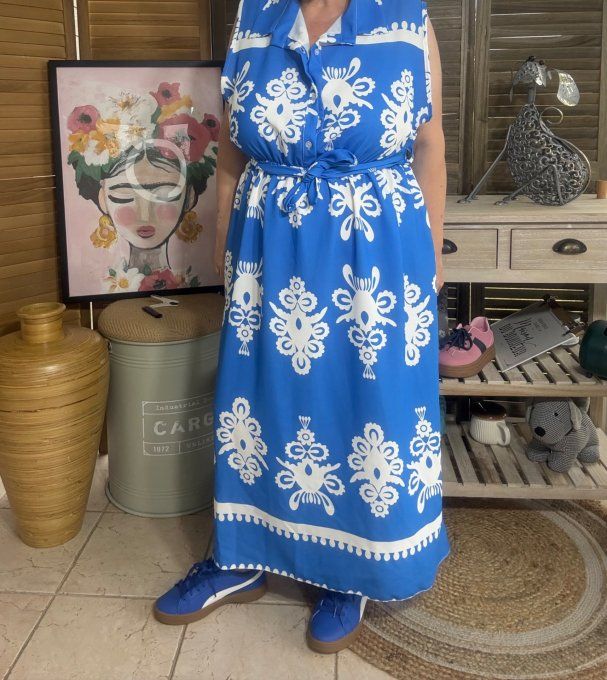 Robe longue bleu royal & blanche Esprit Ethnique Chic du 40 au 50 
