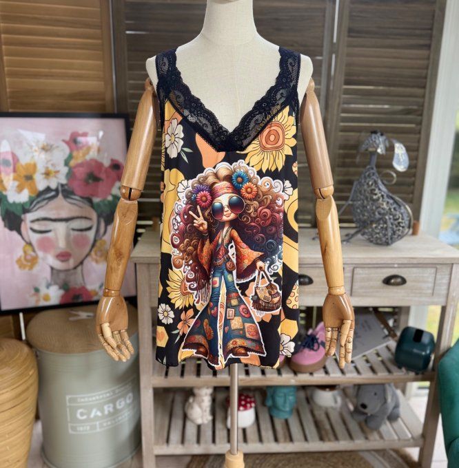 Caraco Débardeur Top trapèze satiné mat & dentelle The Hippie Girl du 40 au 52