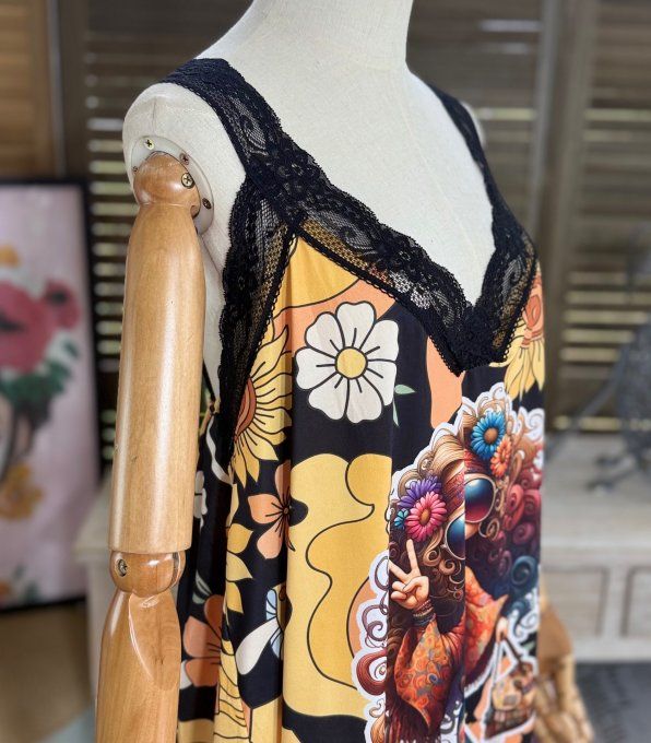 Caraco Débardeur Top trapèze satiné mat & dentelle The Hippie Girl du 40 au 52