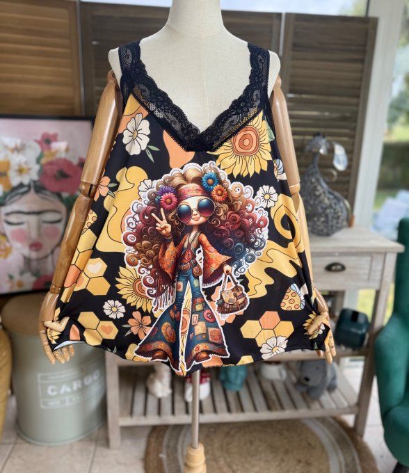 Caraco Débardeur Top trapèze satiné mat & dentelle The Hippie Girl du 40 au 52