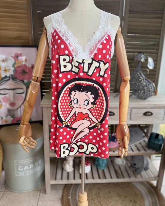 Caraco Débardeur Top trapèze satiné mat & dentelle rouge pois blancs Betty Boop du 40 au 52 