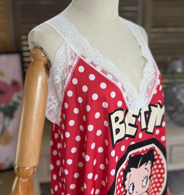 Caraco Débardeur Top trapèze satiné mat & dentelle rouge pois blancs Betty Boop du 40 au 52 